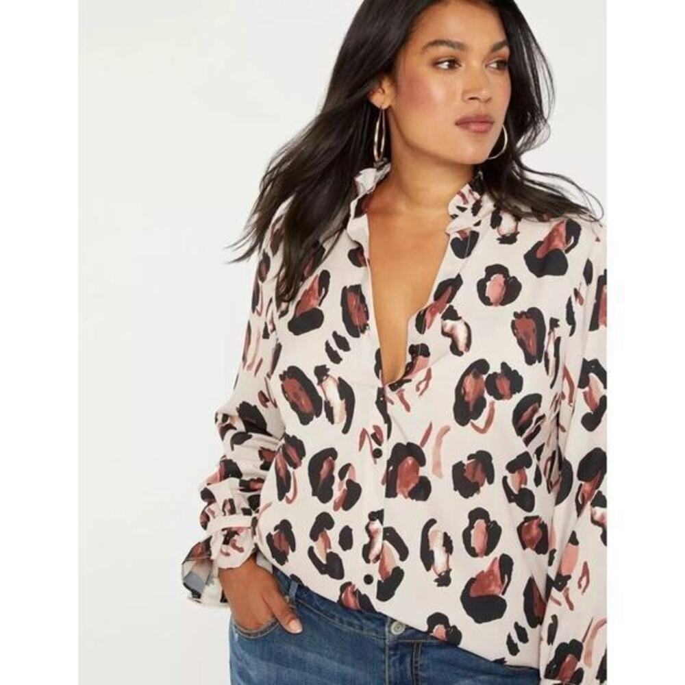 Eloquii Plus Size 24 Printed Button Down Shirt Ruffle Neck button cuff classic
